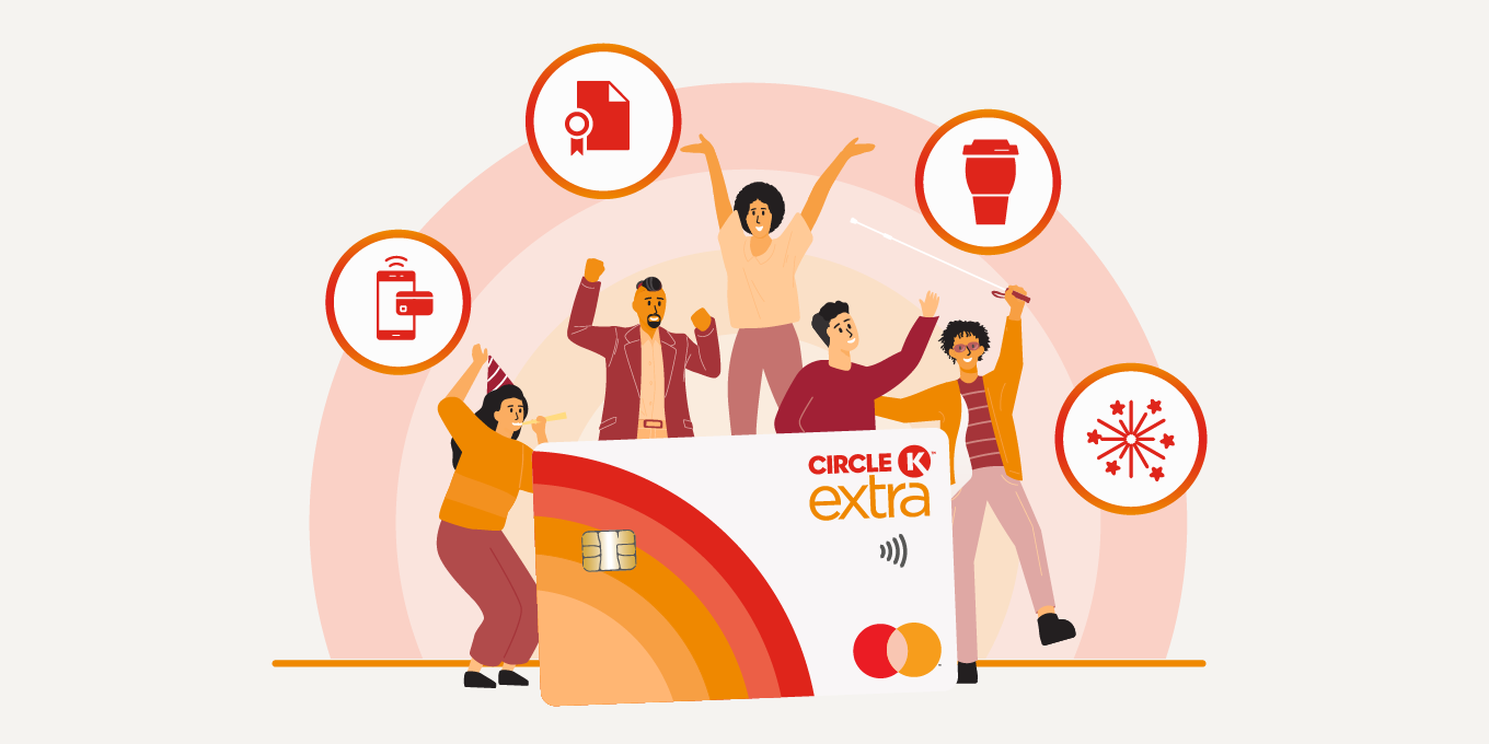 Människor och ett Circle K Extra Mastercard samt symboler